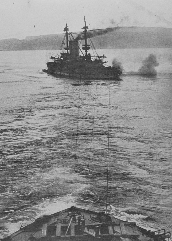 Shells From Turkish Batteries Fallling Around HMS Albion