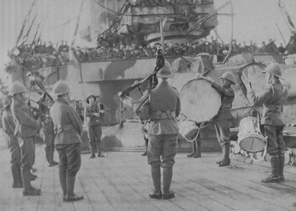 The Pipe Band Of The Howe Battalion RND Playing On Board At The Dardanelles