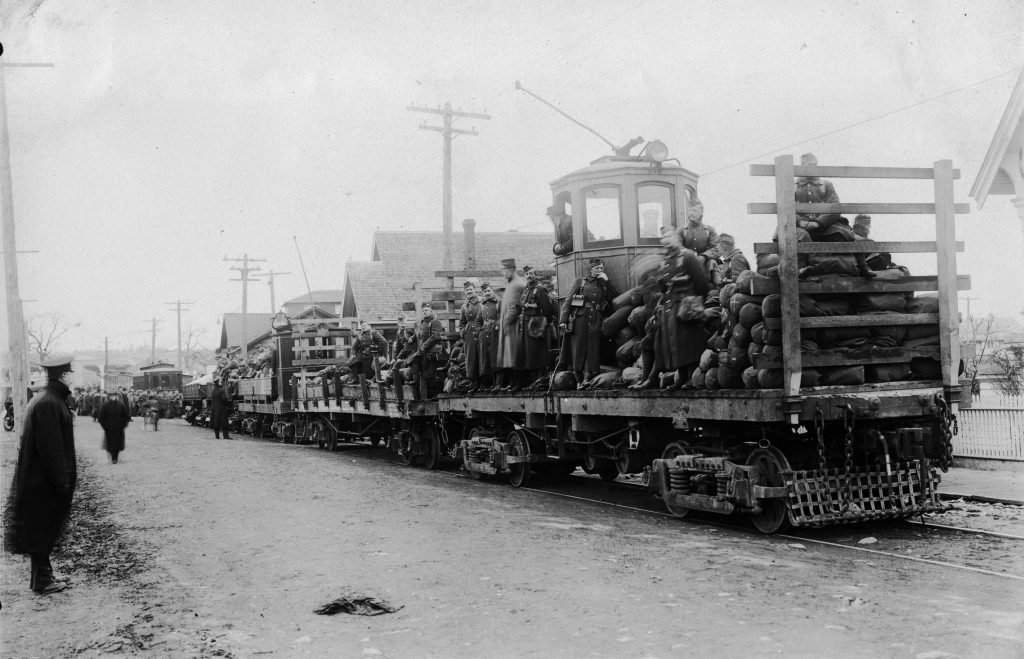 B.C. Electric Railway company cars hauling baggage for 67th Battalion Western Scots 24th Mar 1916